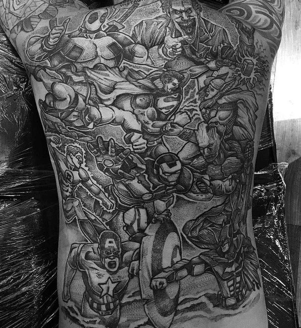 Black & Grey Superheroes, Comics tattoo on Full Back