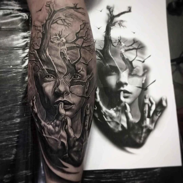 Black & Grey Portrait, Tree tattoo on Forearm