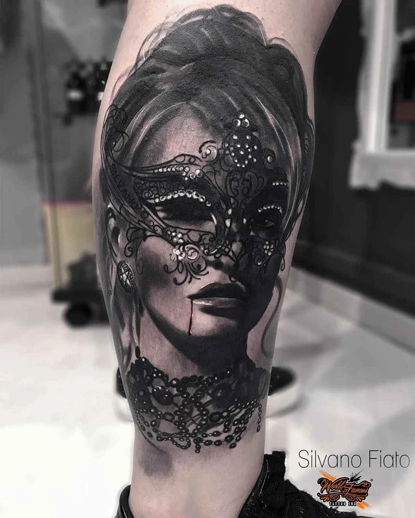 Black & Grey Mask, Portrait tattoo on Calf