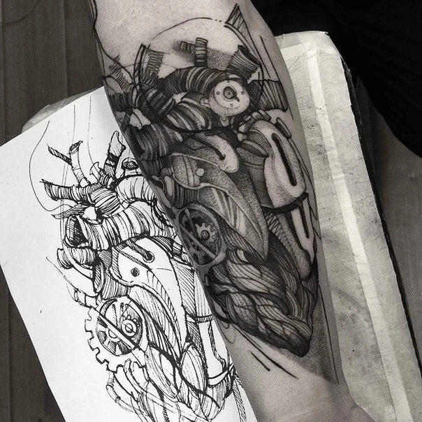 Biomechanical Heart, Gears tattoo on Forearm