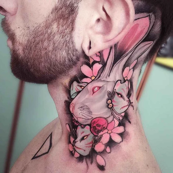 Japanese Rabbit, Masks tattoo on Neck