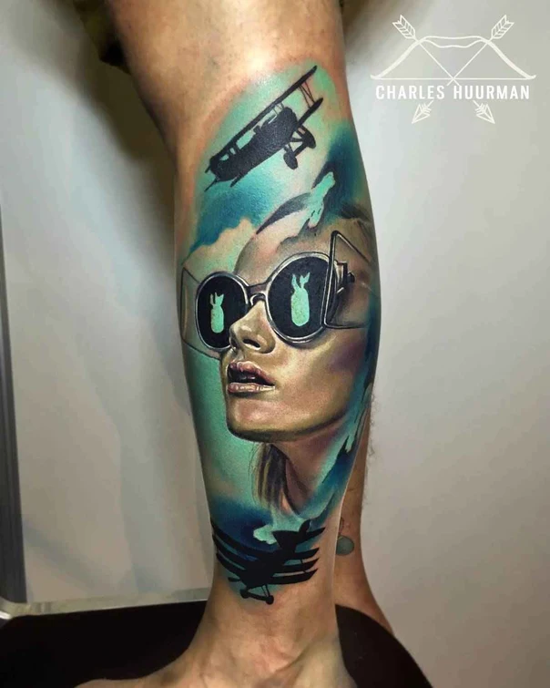 Realism Portrait, Airplane tattoo on Calf