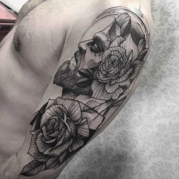 Black & Grey Portrait, Botanic tattoo on Forearm