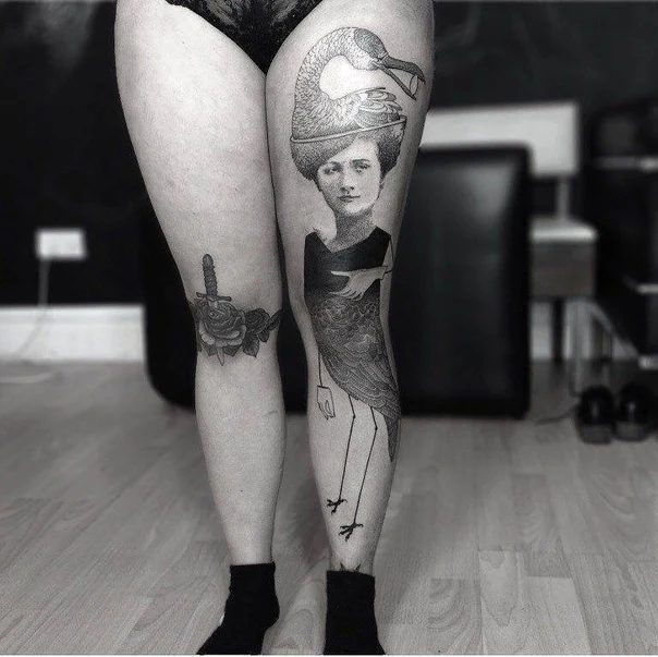 Blackwork Bird, Portrait tattoo on Thigh