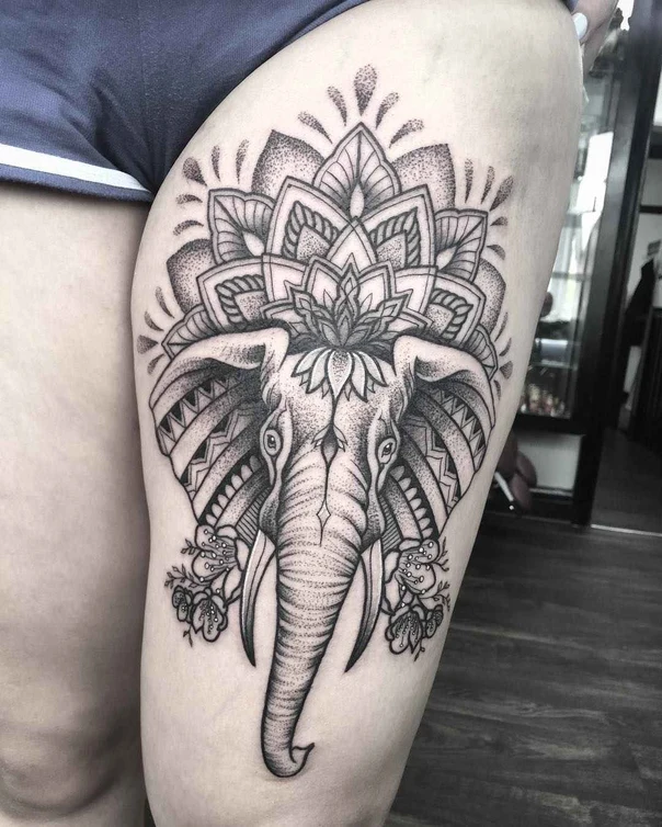 Blackwork Elephant, Mandala tattoo on Thigh