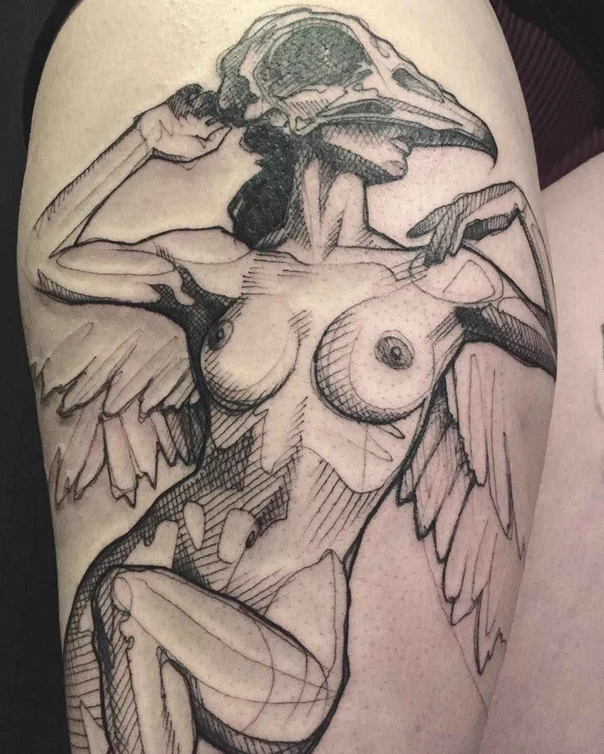 Sketch Bird skull, Figure tattoo on Thigh