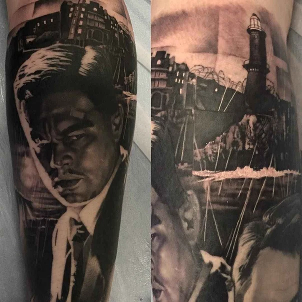 Black & Grey Portrait, Landscape tattoo on Forearm