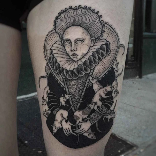 Blackwork Portrait, Rats tattoo on Thigh