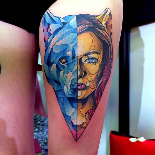 Abstract Wolf, Portrait tattoo on Thigh