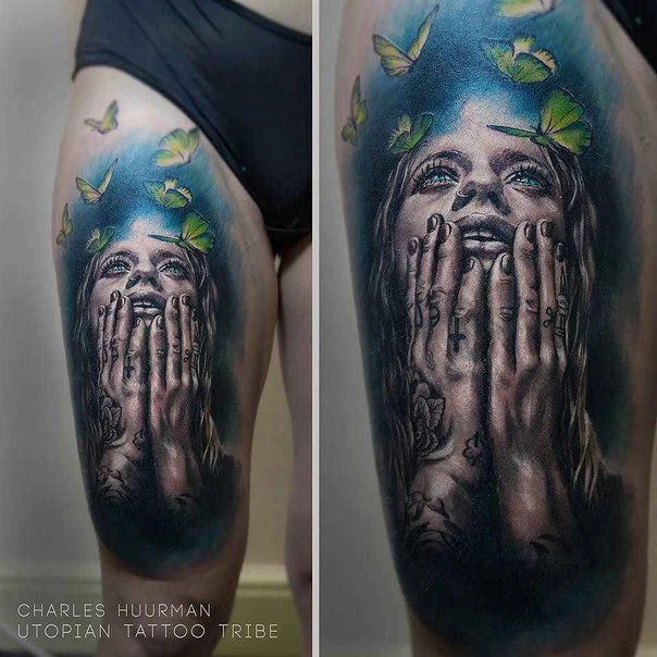 Realism Portrait, Butterfly tattoo on Thigh