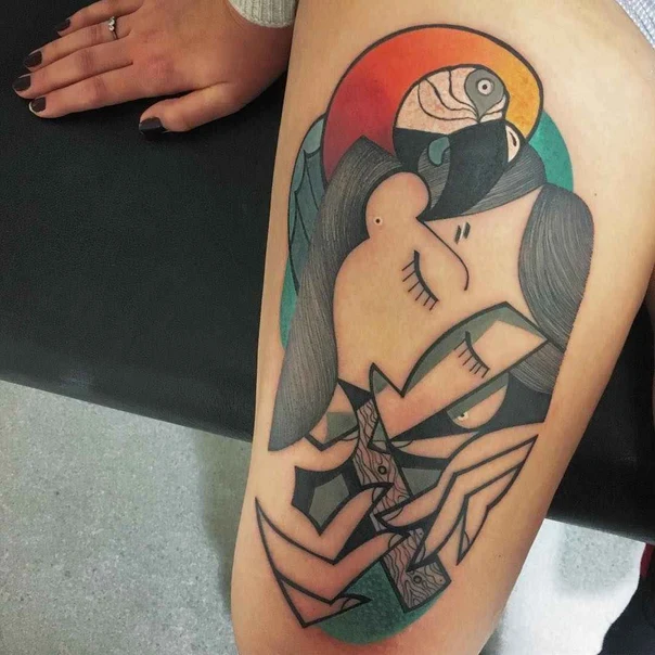 Cubism Parrot, Abstract tattoo on Thigh