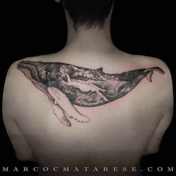 Black & Grey Whale, Figure tattoo on Upper Back