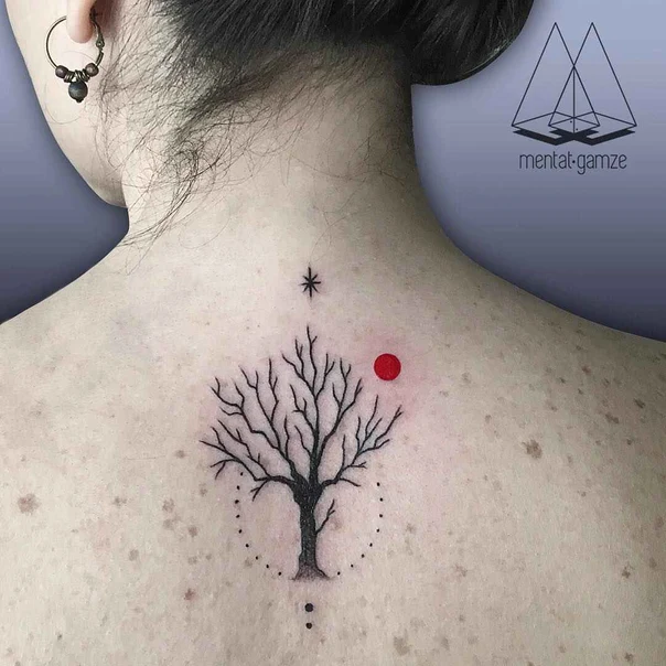 Linework Tree, Star tattoo on Back of neck
