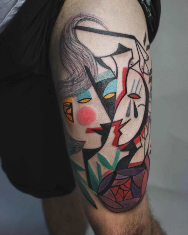 Abstract Face, Geometric tattoo on Thigh