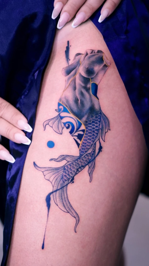 Illustrative Fish, Figure tattoo on Thigh