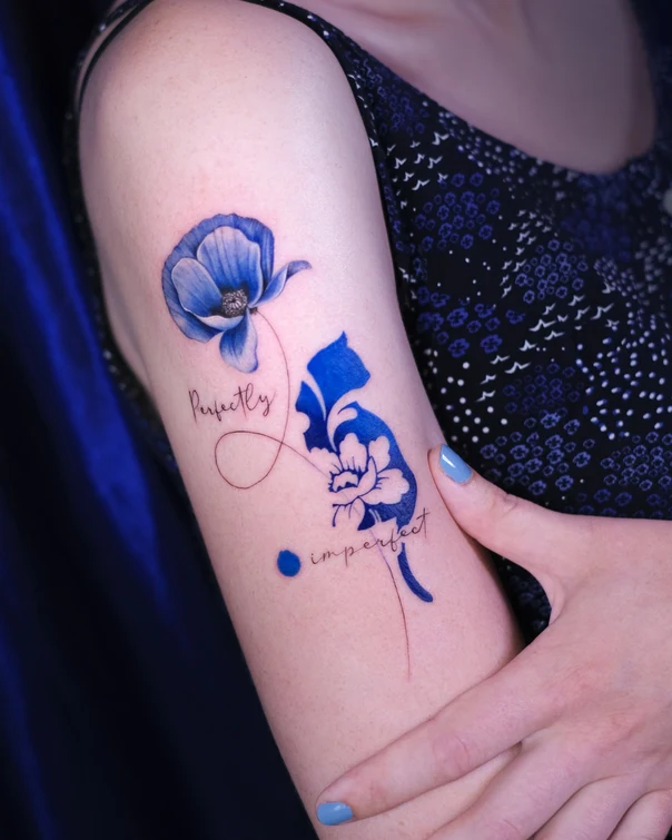 Illustrative Flower, Cat tattoo on Upper Arm