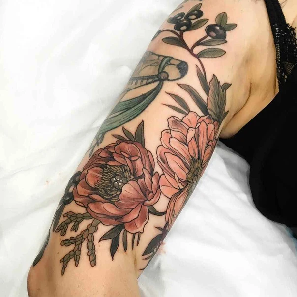 Botanic Flowers, Leaves tattoo on Forearm