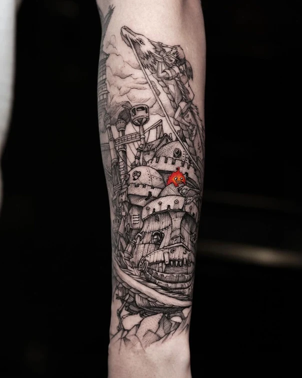 Blackwork Castle, Howls moving castle tattoo on Forearm