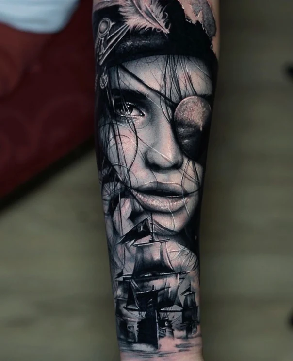 Realism Pirate, Ship tattoo on Forearm