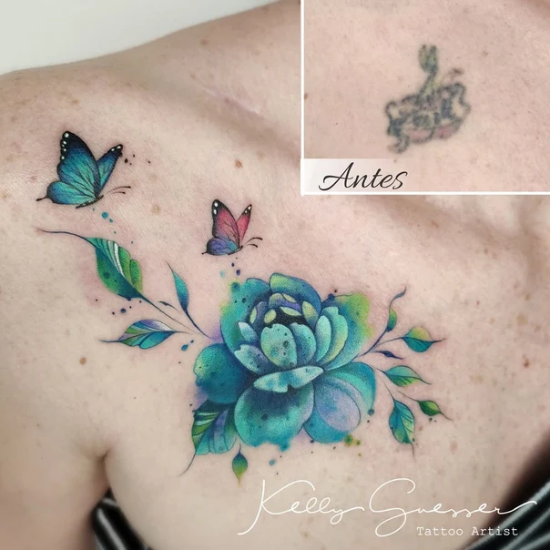 Watercolor Flower, Butterfly tattoo on Collarbone