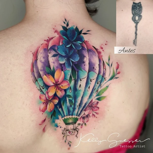 Watercolor Hot air balloon, Flowers tattoo on Upper Back