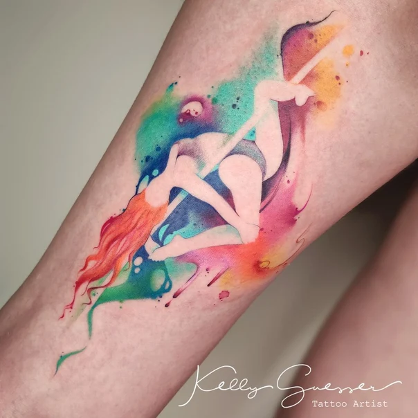 Watercolor Figure, Pole dancing tattoo on Thigh