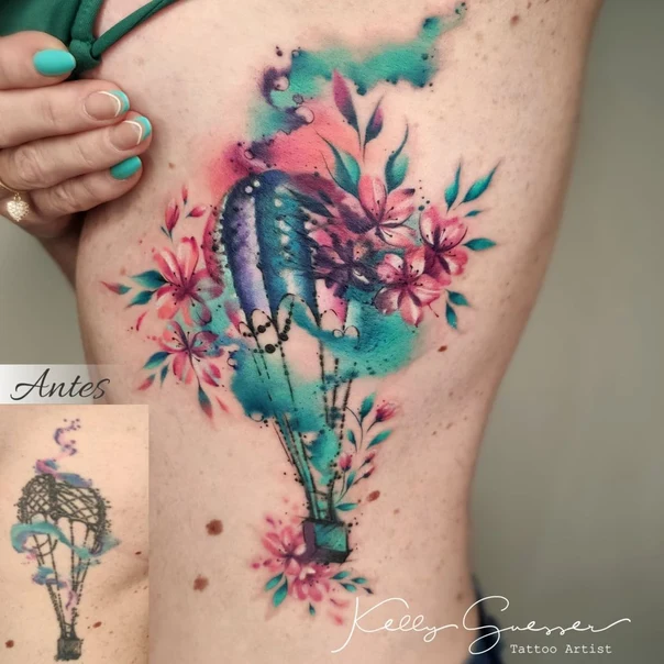 Watercolor Hot air balloon, Flowers tattoo on Side