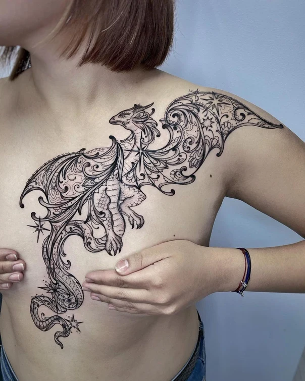 Лайнворк Dragon, Stars tattoo на Грудь