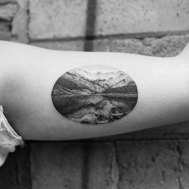 Black & Grey Landscape, Mountains tattoo on Upper Arm