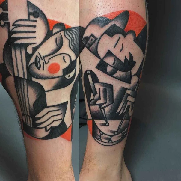 Cubism Musician, Musical instruments tattoo on Calf