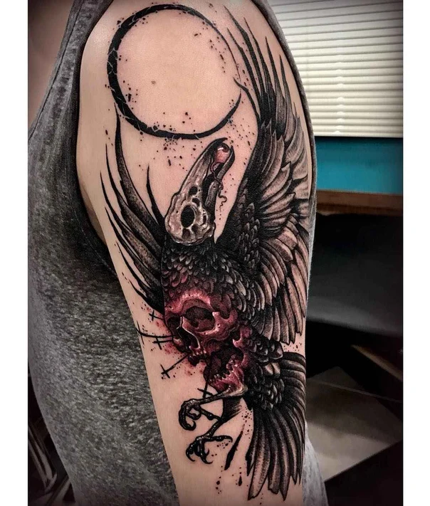 Blackwork Skull, Crow tattoo on Upper Arm