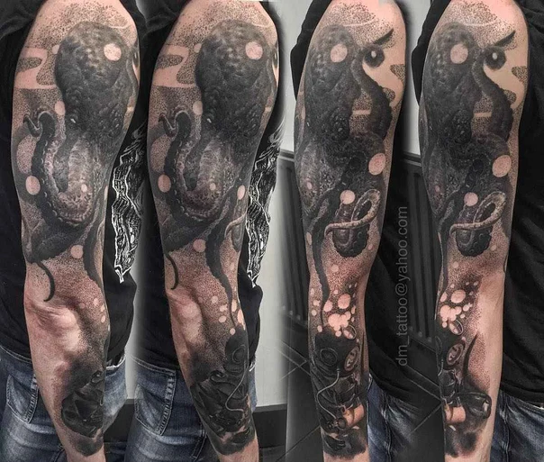 Blackwork Octopus, Gas mask tattoo on Full Sleeve