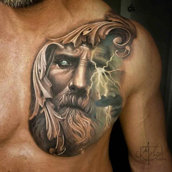 Realism Portrait, Mythological tattoo on Chest