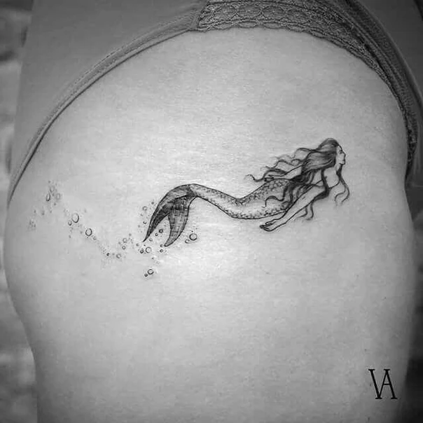 Fineline Mermaid, Bubbles tattoo on Hip