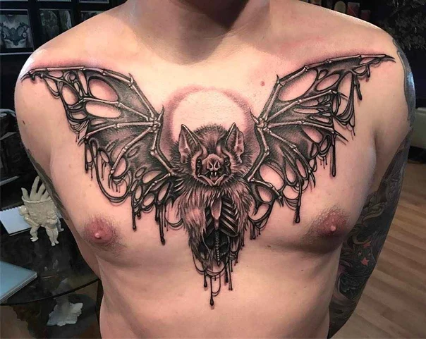 Black & Grey Bat tattoo on Chest