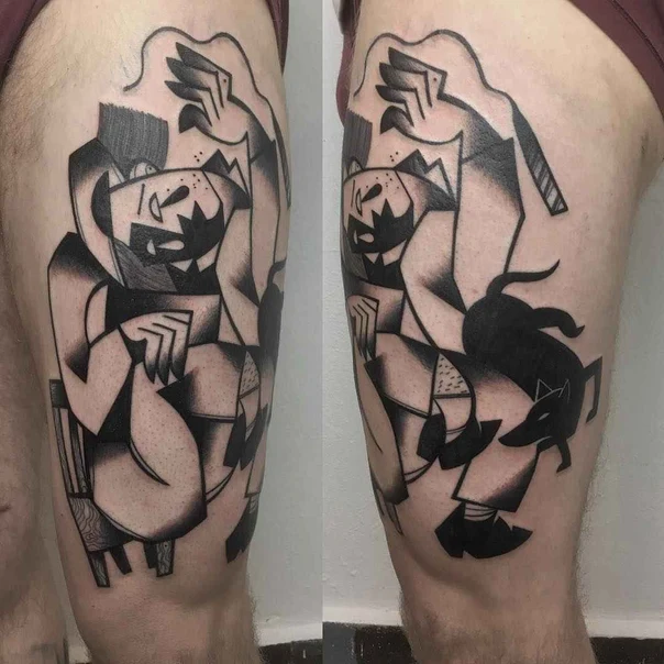 Cubism Figure, Dog tattoo on Thigh