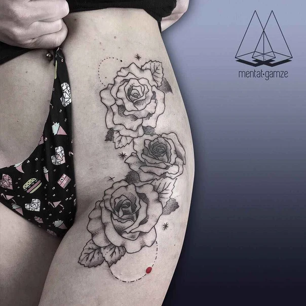 Linework Rose, Floral tattoo on Thigh
