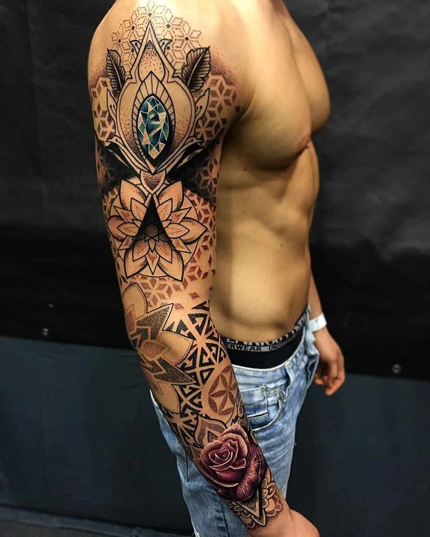 Geometric Mandala, Rose tattoo on Full Sleeve