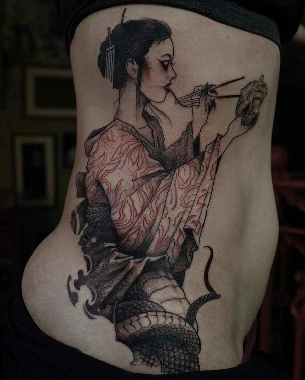 Japanese Geisha, Snake tattoo on Side