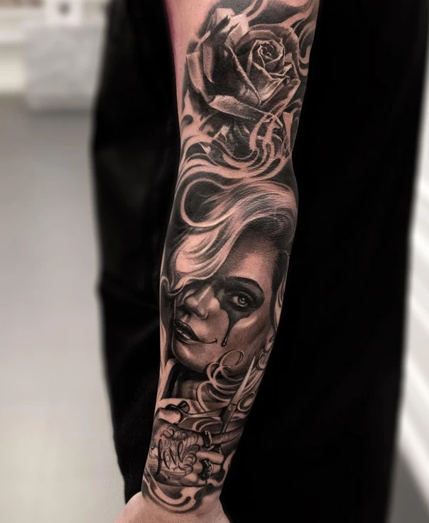 Black & Grey Rose, Portrait tattoo on Full Sleeve