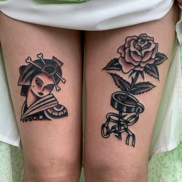 Traditional Geisha, Rose tattoo on Thigh