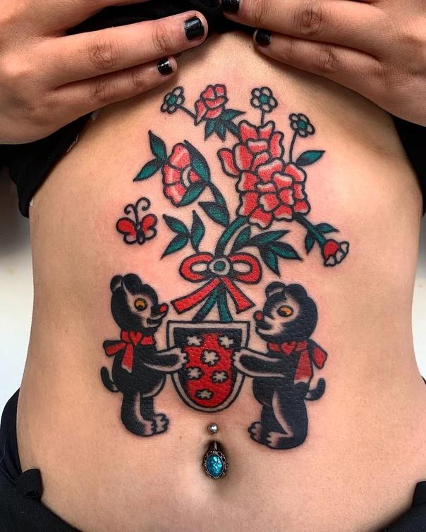 Traditional Flowers, Bears tattoo on Stomach
