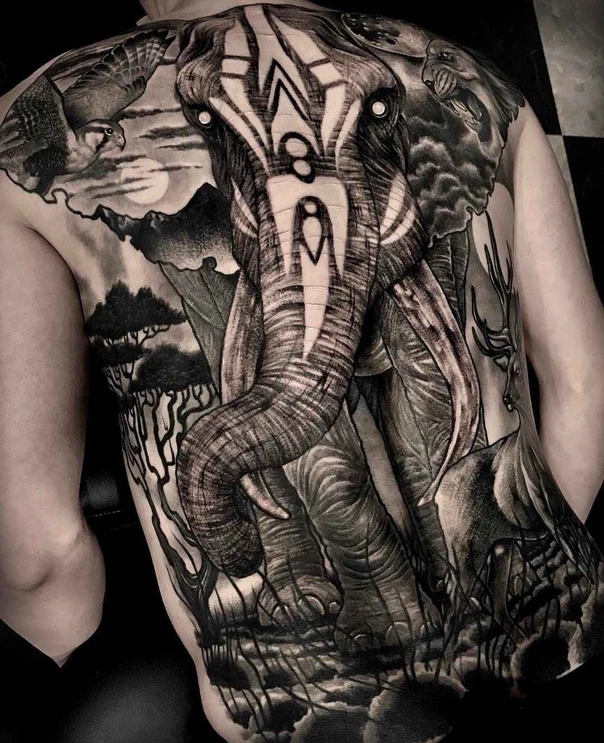 Realism Elephant, Landscape tattoo on Full Back