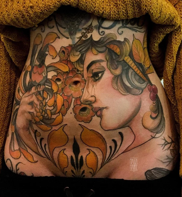 Neo Traditional Flowers, Portrait tattoo on Stomach