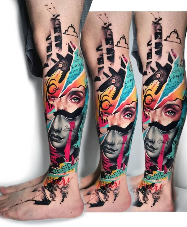 Abstract Face, Wolf tattoo on Full leg