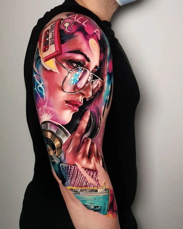 Realism Portrait, Cassette tape tattoo on Full Sleeve