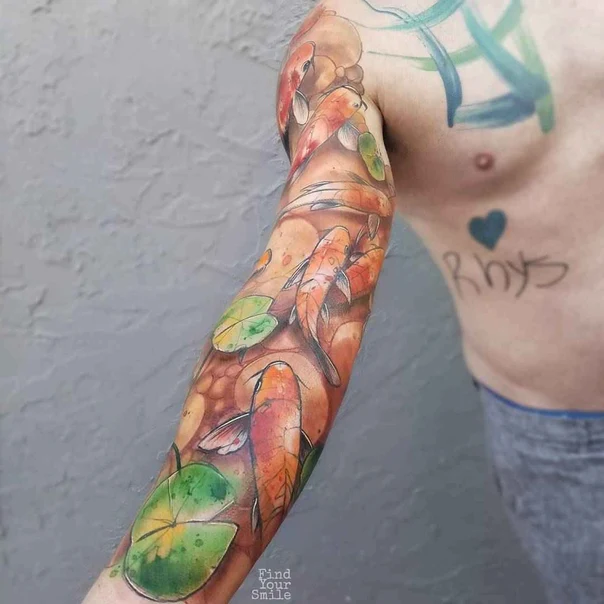Japanese Koi fish, Water lilies tattoo on Full Sleeve