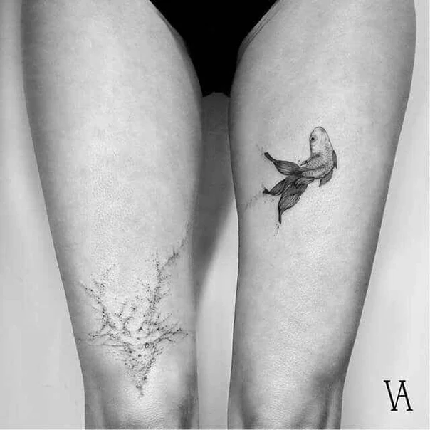 Fineline Fish, Botanic tattoo on Thigh