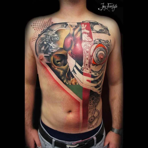 Biomechanical Skull, Heart tattoo on Chest