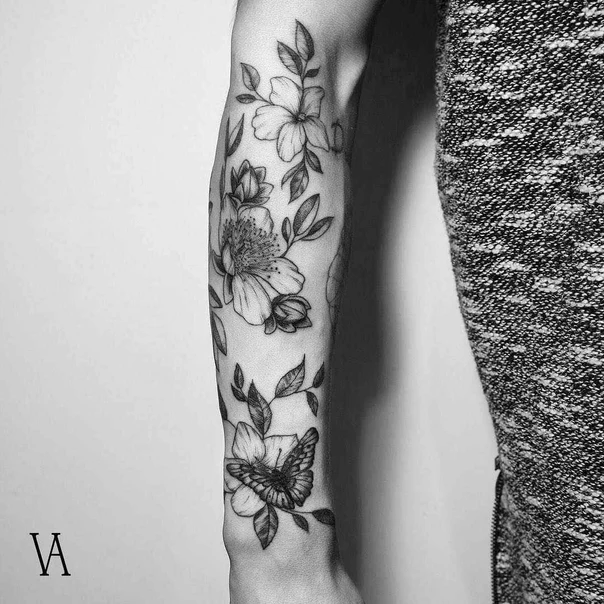 Botanic Flowers, Butterfly tattoo on Forearm